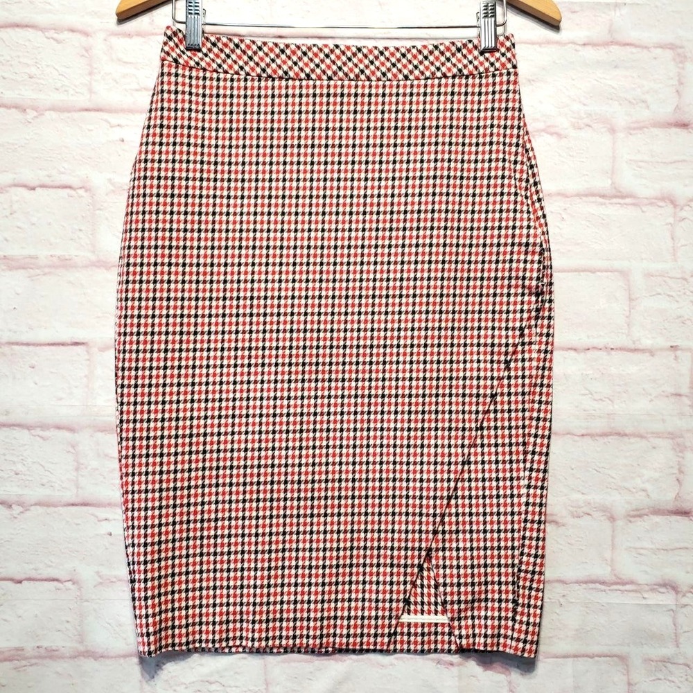 Banana Republic Skirt Womens 2 Red Tweed Check Pencil Stretch‎ Old Money Office